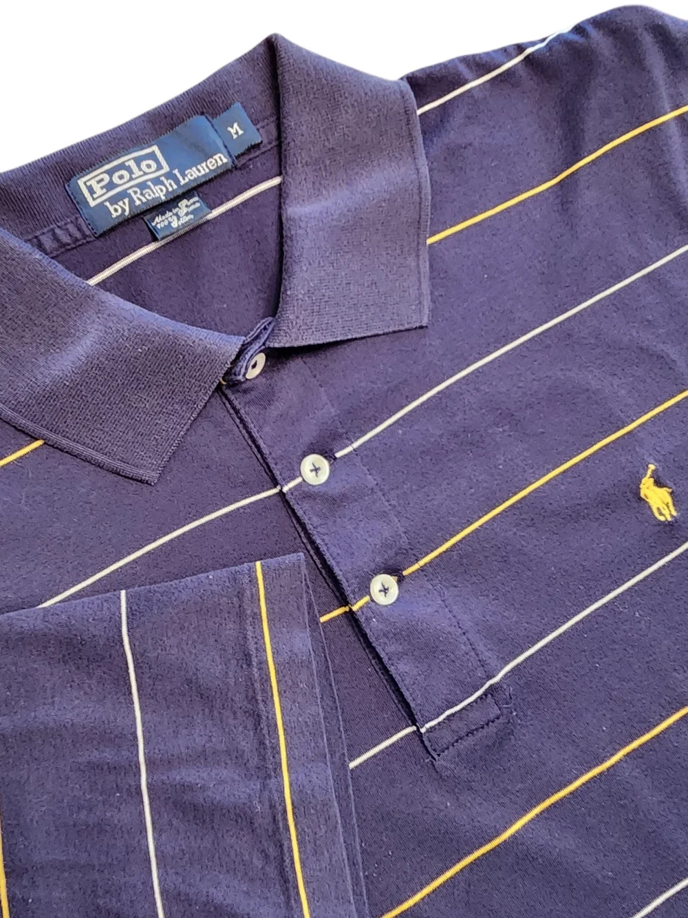 Polo by Ralph Lauren Men's Medium 100% Pima Cotton Navy Yellow Stripe Polo Shirt